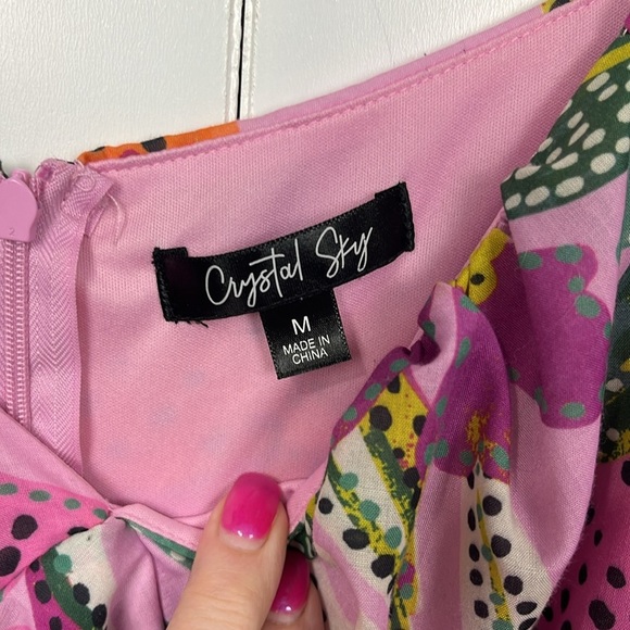 Crystal Sky Womens Mini Dress M Pink Orange Puffy Sleeves Zip Back Tie Sash EUC - Picture 2 of 16